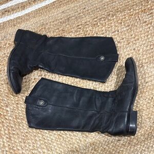 Frye Black Leather Melissa Riding Boots with Branded Button Tab